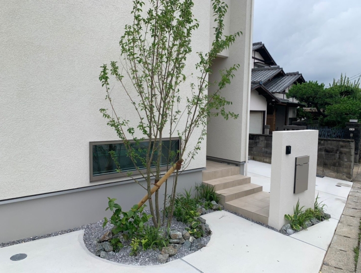 緑の植栽が彩りを添えるエクステリア